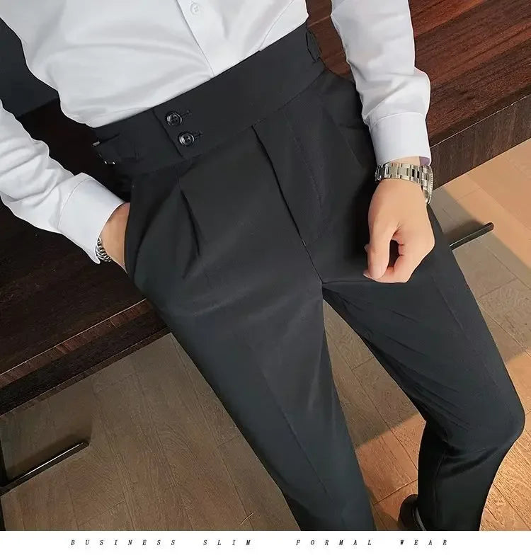 Neapolitan Men's Slim Fit Straight Leg Business Casual Trousers High Waist Pure Color Autumn Spring Long Pants