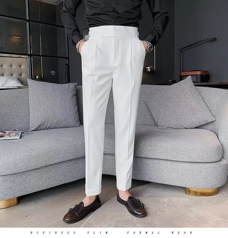 Neapolitan Men's Slim Fit Straight Leg Business Casual Trousers High Waist Pure Color Autumn Spring Long Pants
