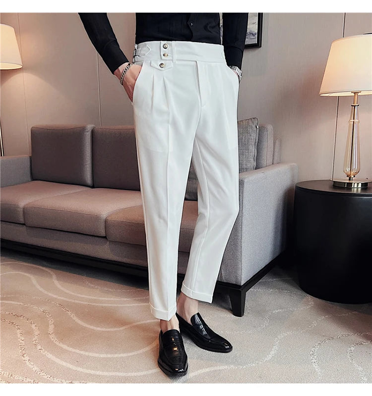 British Style Spring New Solid Business Casual Suit Pants High Waist Button Men Formal Pants High Quality Slim Office Trousers