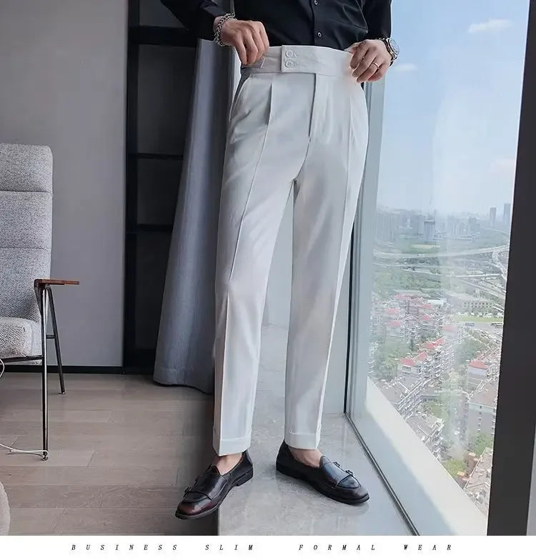 Neapolitan Men's Slim Fit Straight Leg Business Casual Trousers High Waist Pure Color Autumn Spring Long Pants