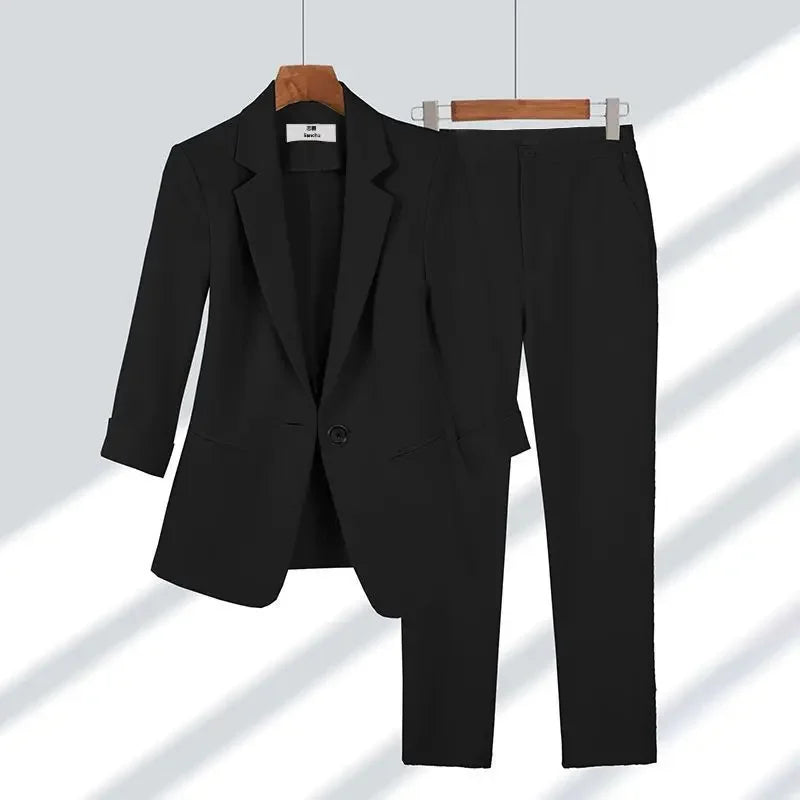 Women 2024 Summer New Casual Blazers Jacket Two Piece Suit Korean Elegant Slim Suit Pants Matching Set Female Professional Wear