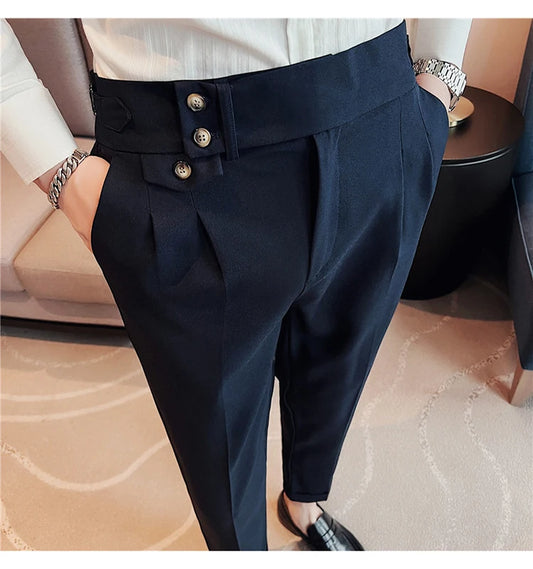 British Style Spring New Solid Business Casual Suit Pants High Waist Button Men Formal Pants High Quality Slim Office Trousers