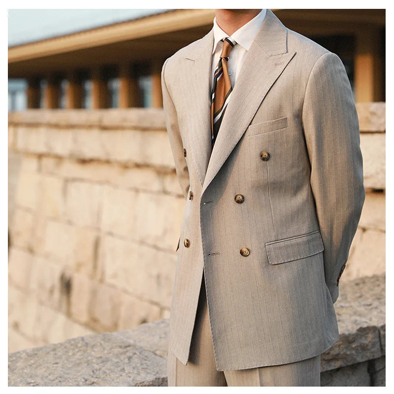 Stripe Suit Men Versatile Fashion Gentleman's Double Breasted Italian Lapel Coat Formal Wedding Groom Business Men Tuxedo Suit