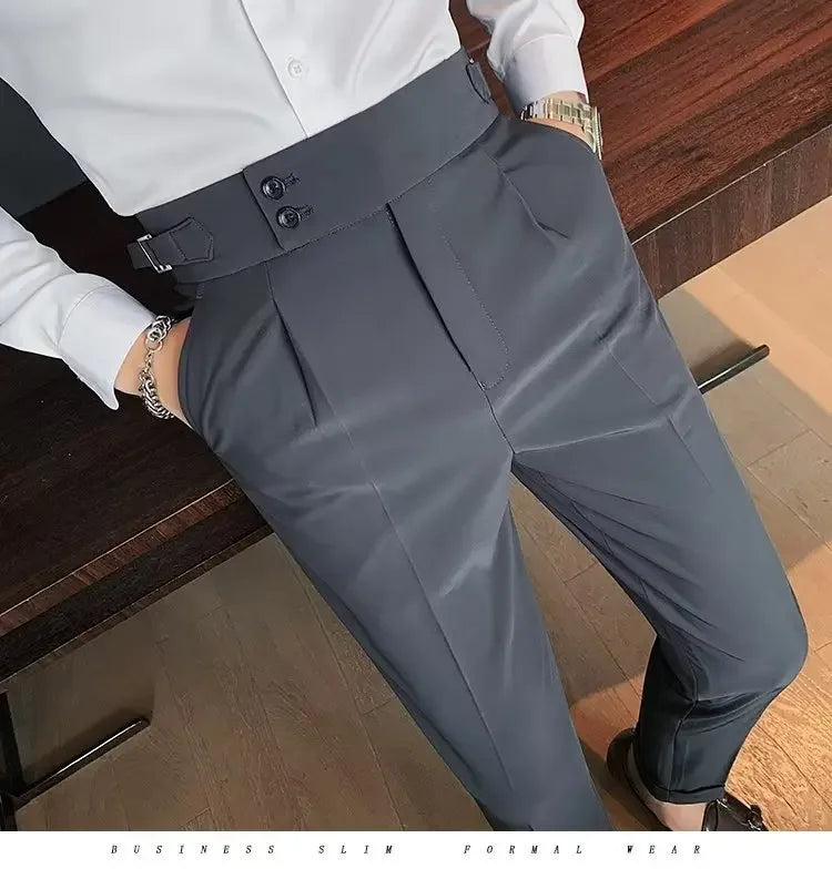 Neapolitan Men's Slim Fit Straight Leg Business Casual Trousers High Waist Pure Color Autumn Spring Long Pants