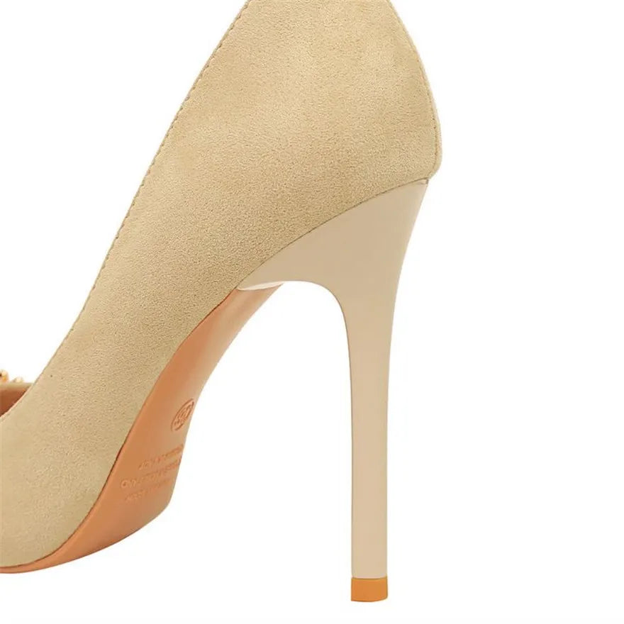 New Fashion Pearl Chain Office Women Pumps Black Flock Side Hollow High Heels Stiletto Pointed Toe Female Party Shoes Dress
