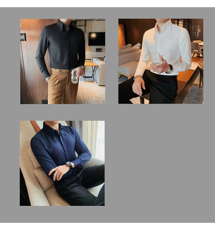 Autumn Solid Concealed Placket Shirts Men Long Sleeve Slim Fit Social Shirt Male High Quality Business Casual Prom Tuxedo