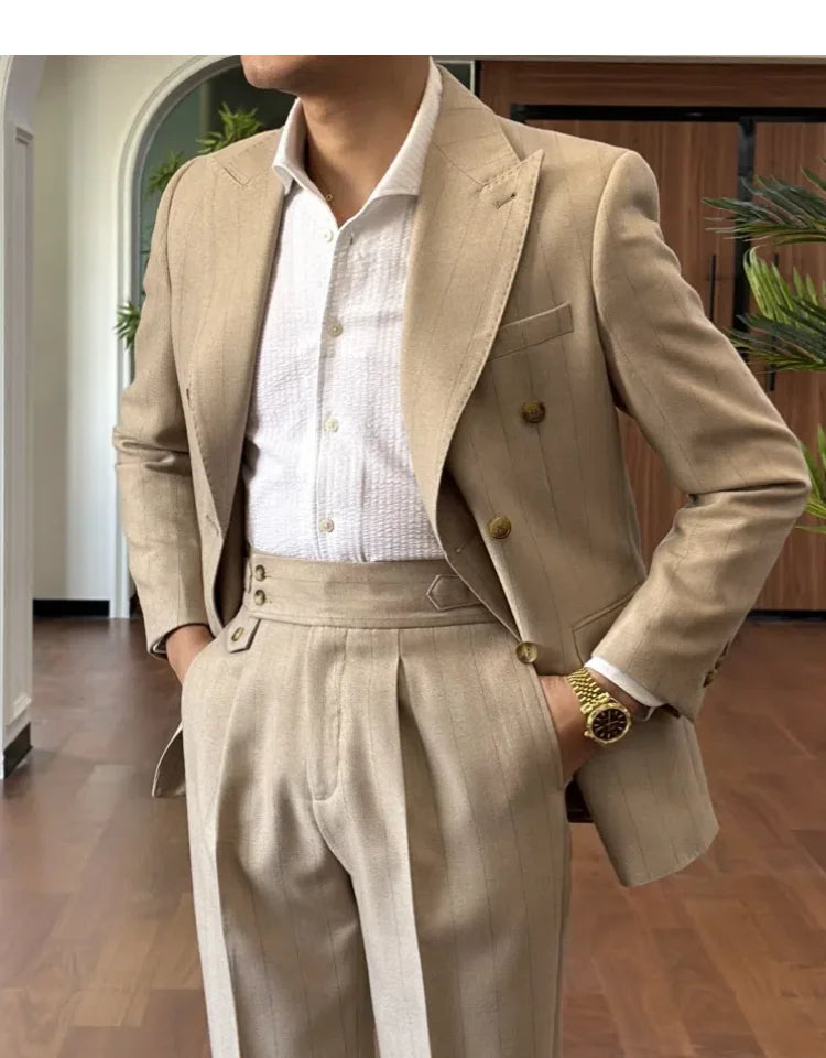 Men Suit Designers Slim Fit Business Casual Striped Double Breasted Suit Set Trend Traje Novio 2025 Men Tuxedo Suit Grooms Suit