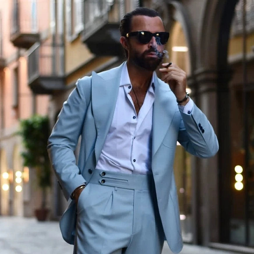 Men's Suit Sky Blue Single Breasted Peaked Lapel Casual Set Wedding Groomsmen 2 Piece(blazer+pants)slim Fit Costume Homme