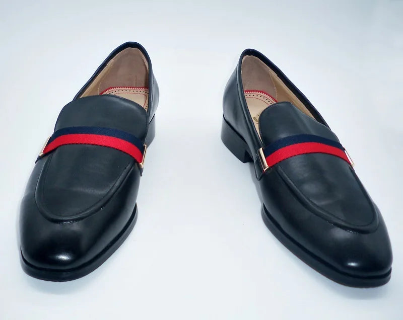 LOUBUTEN Italian Black Genuine Leather Men's Loafers Slip-On Handmade Dress Shoes for Party Wedding Breathable Comfortable Fit
