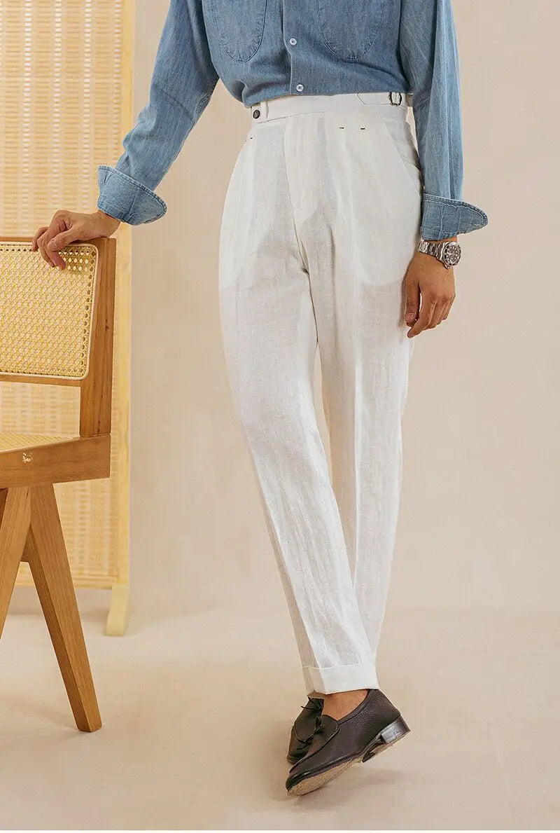Naples High Waist Suits Retro Casual Pant Office-trouser Men Dress Pant Trouser British High Waist Pants Linen Straight Leg Pant