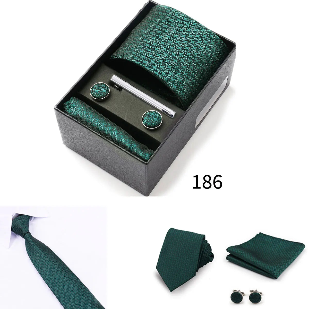 Business Ties Hanky Cufflink Tie Clips Set For Men Green Necktie Corbatas Suit Accessories Wedding In Gift Box Gravatas
