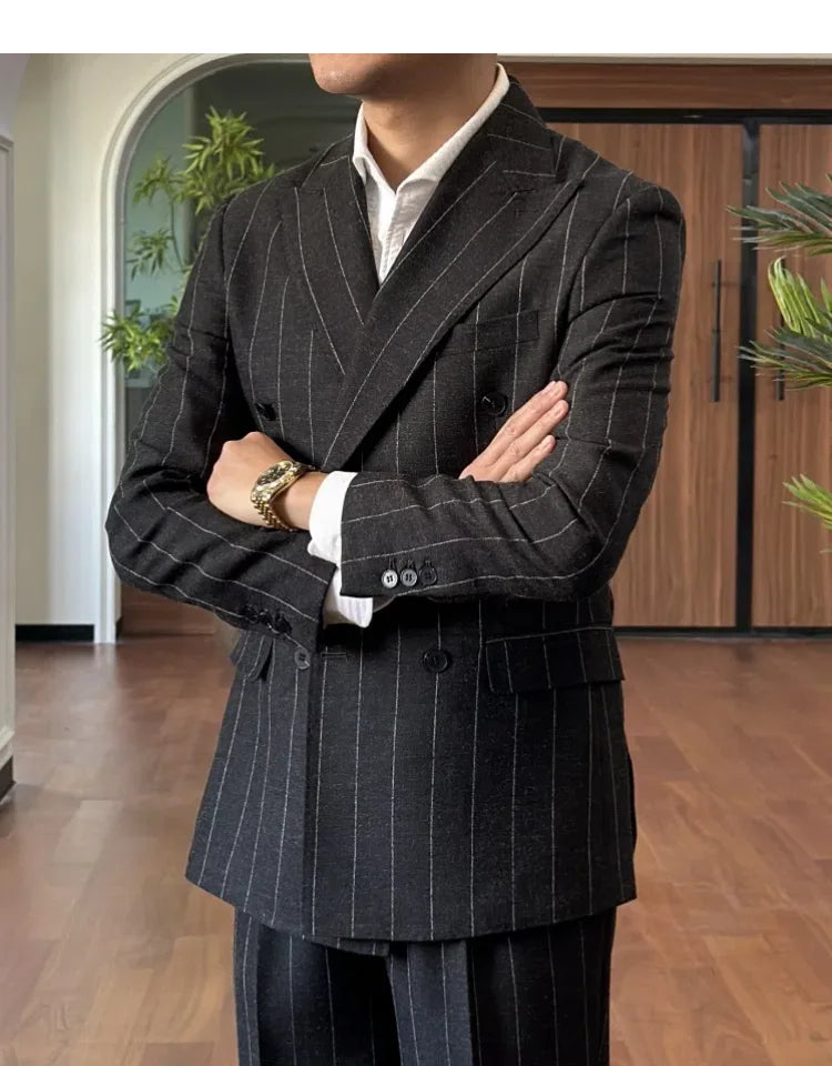 Men Suit Designers Slim Fit Business Casual Striped Double Breasted Suit Set Trend Traje Novio 2025 Men Tuxedo Suit Grooms Suit