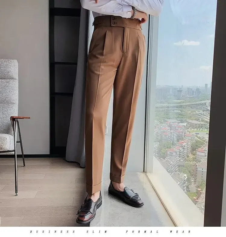 Neapolitan Men's Slim Fit Straight Leg Business Casual Trousers High Waist Pure Color Autumn Spring Long Pants