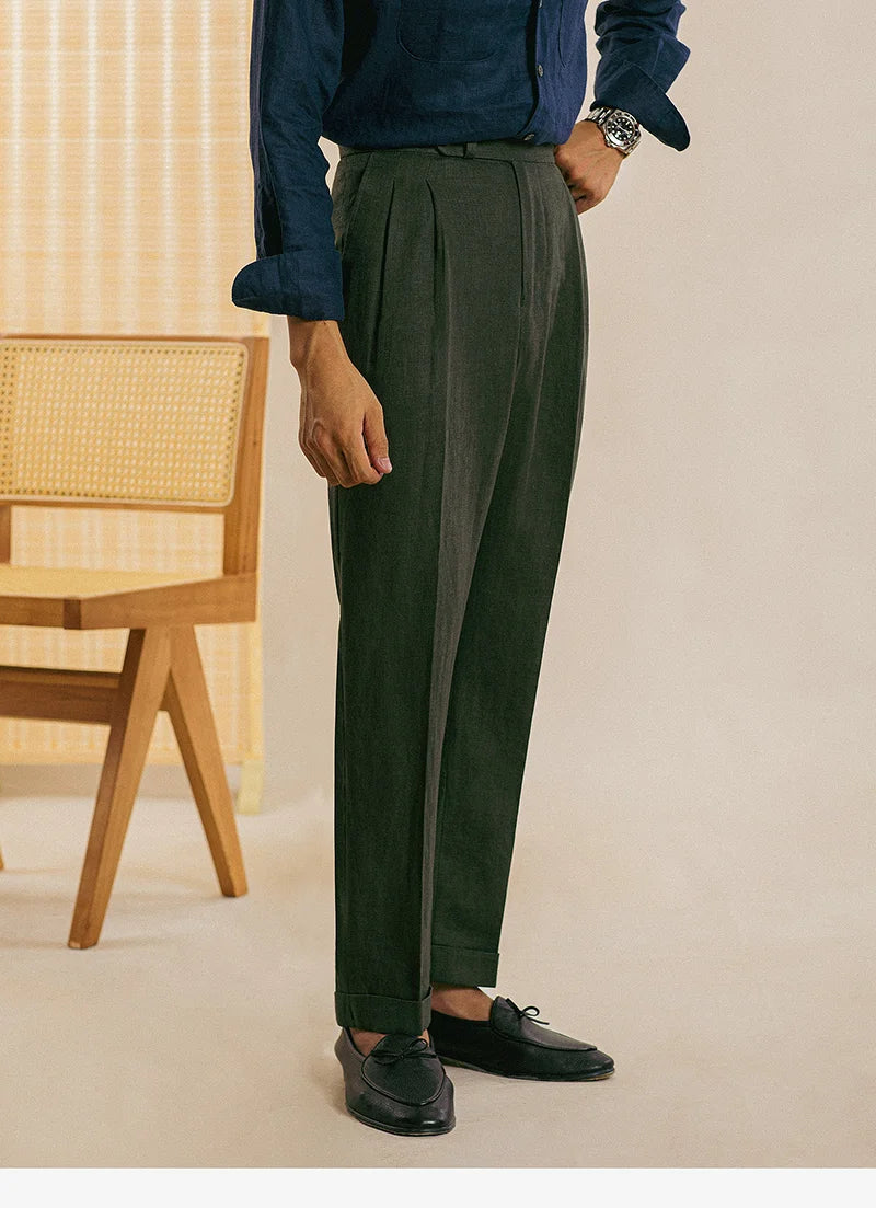 Naples High Waist Suits Retro Casual Pant Office-trouser Men Dress Pant Trouser British High Waist Pants Linen Straight Leg Pant