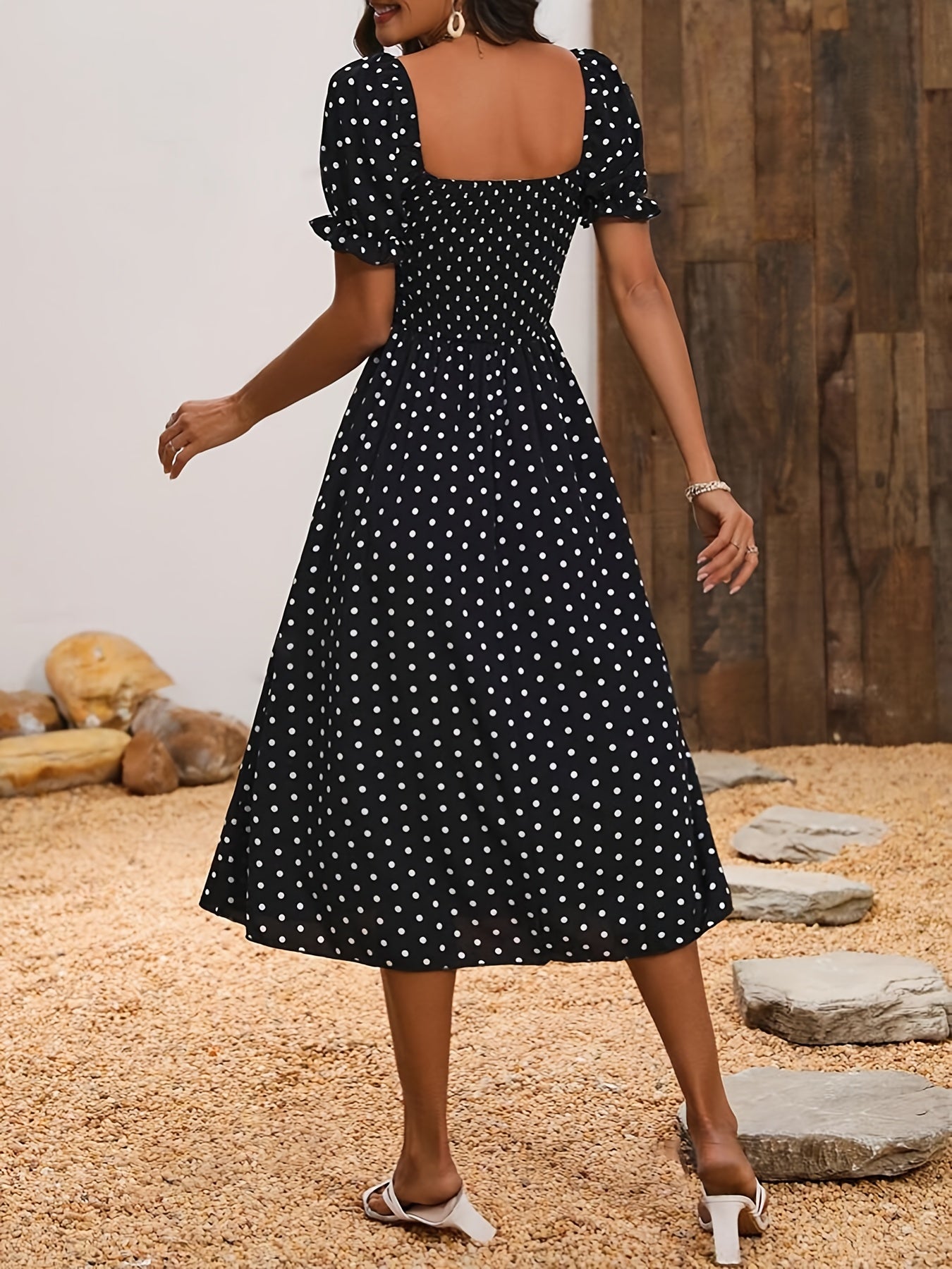 Backless Polka Dot Slit Dress, Elegant Puff Sleeve Square Neck Dress For Spring & Summer, Women's Clothing