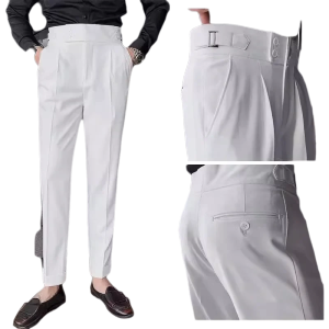 Neapolitan Men's Slim Fit Straight Leg Business Casual Trousers High Waist Pure Color Autumn Spring Long Pants