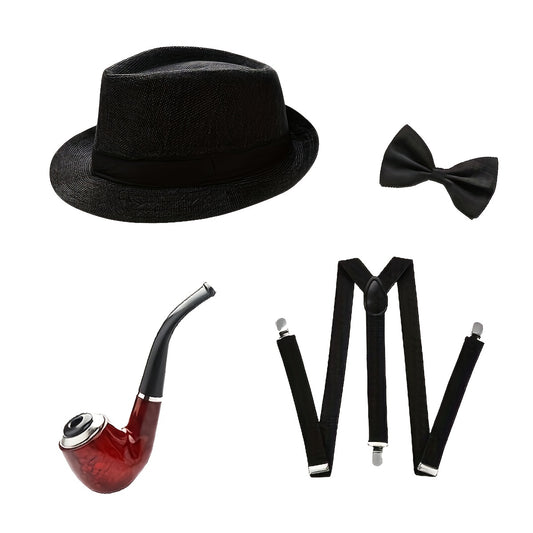 D EXCEED Mens 4pcs 1920s Fashionable Polyester Gatsby Gangster Costume Accessory Set with Panama Hat, Bow Tie, Vintage Pipe Prop, Adjustable Suspenders for Roaring 20s Party Outfit