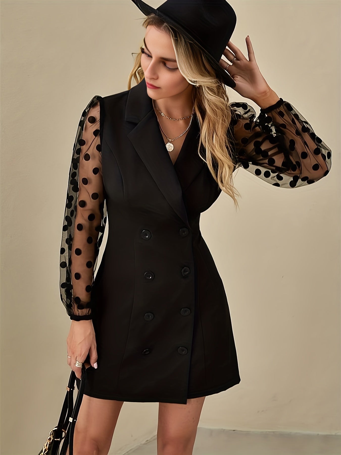 Polka Dot Mesh Sleeve Lapel Dress, Elegant Long Sleeve Dress For Spring & Fall, Women's Clothing