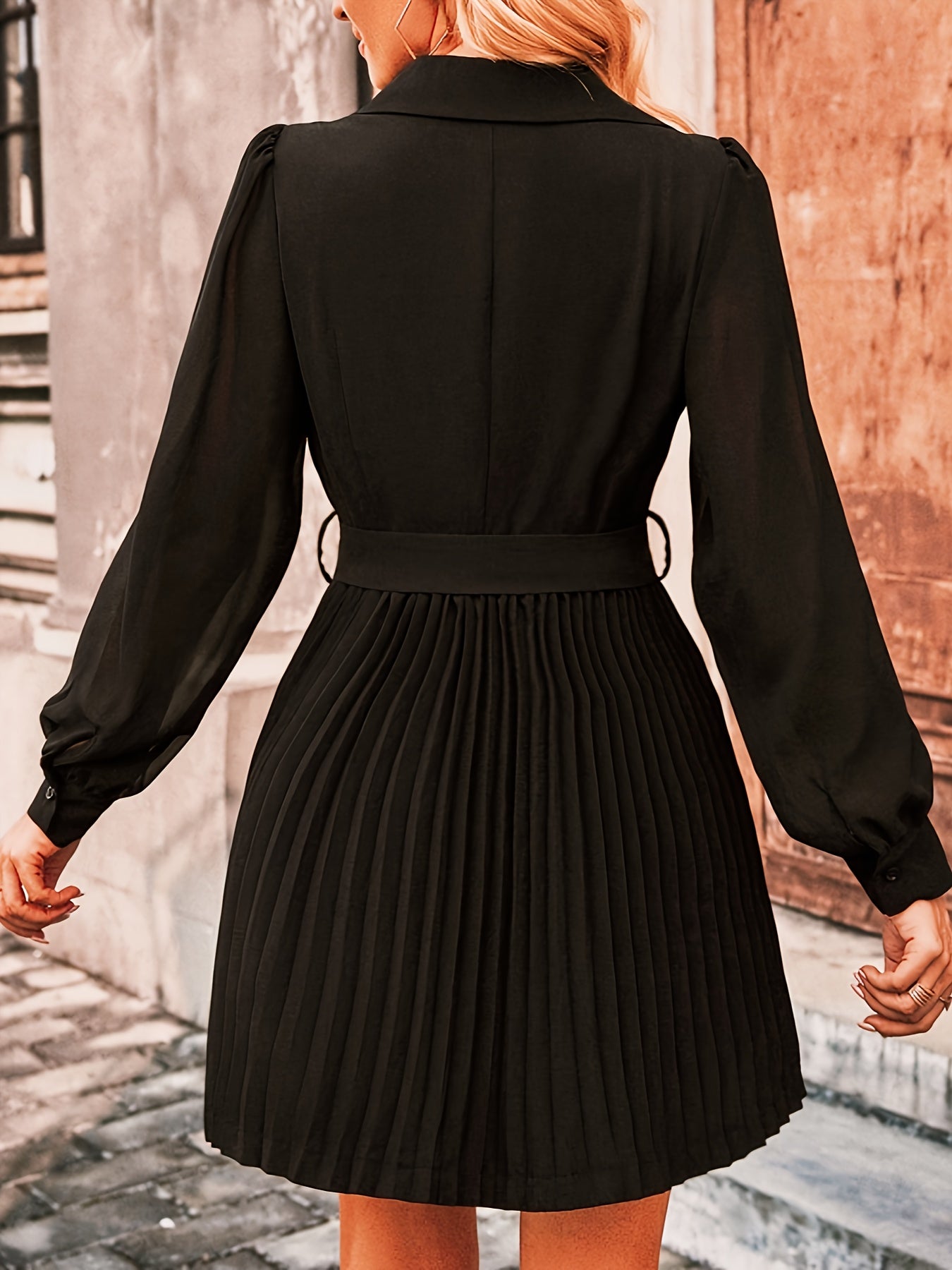 Single Breasted Pleated Belted Dress, Elegant Lantern Sleeve Shawl Collared Aline Dress For Spring & Fall, Women's Clothing