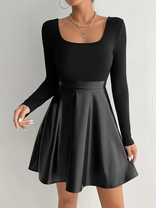 Contrast Faux Leather Dress Elegant Long Sleeve Crew Neck Dress For Spring & Fall, Women's Clothing