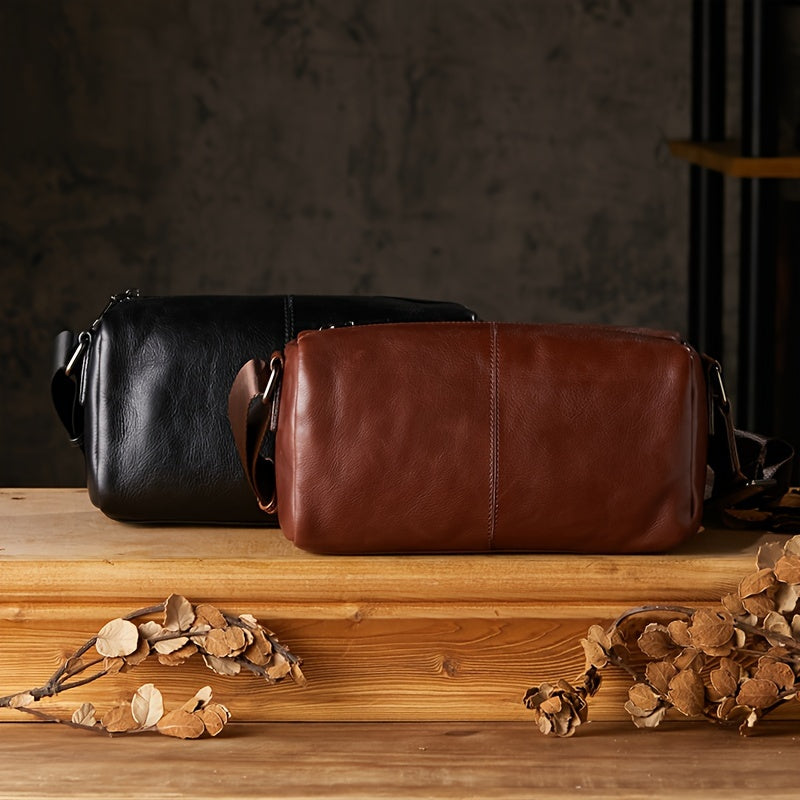 Vegetable Tanned Top Layer Cowhide Men's Slant Shoulder Bag, Mini Pillow Bag, Genuine Leather Classic Phone Pack Stylish Commuter Purse Bags