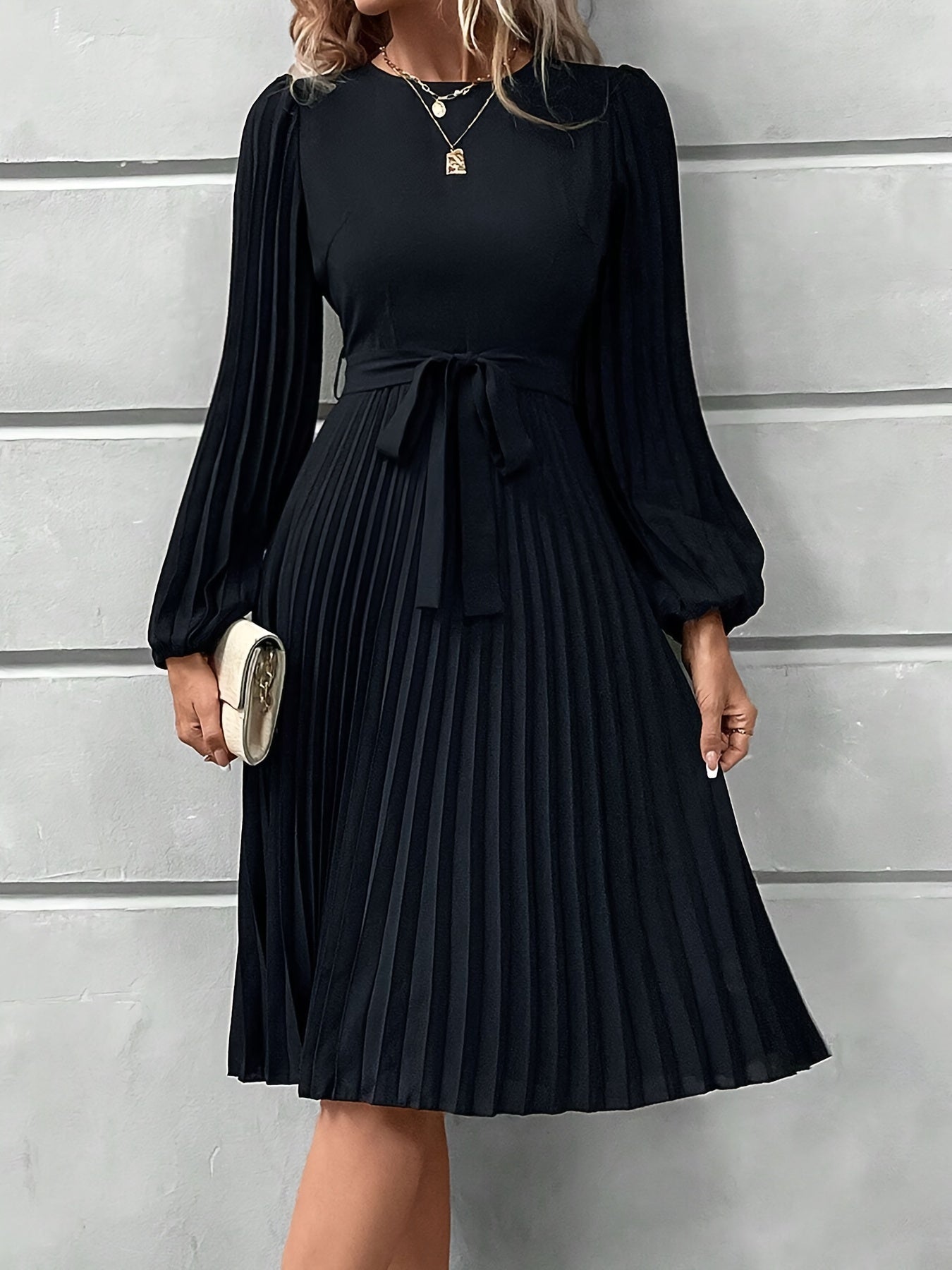 Solid Pleated Belted Aline Dress, Elegant Lantern Sleeve Crew Neck Dress For Spring & Fall, Women's Clothing