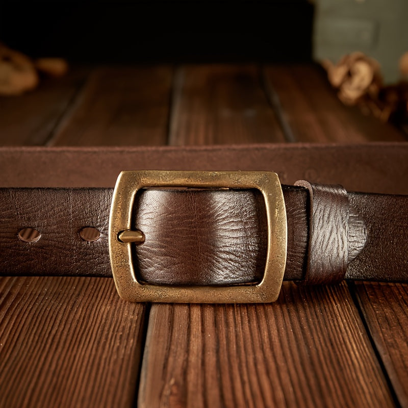 Men's Original Handmade Genuine Leather Belt, Vintage Style, Classic Cowhide, Regular Fit, Solid Brass Buckle, Coffee Brown