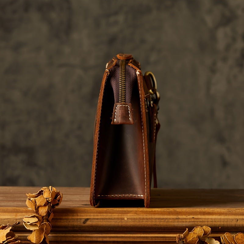 Men's Premium Top Grain Cowhide Clutch - Vintage Style, Casual Envelope Wallet with Zipper, Repairable Scratches