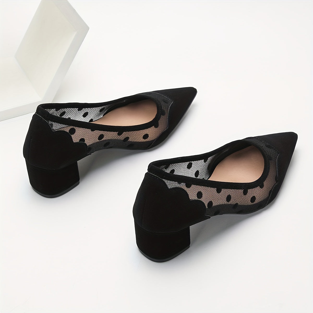 Women's Elegant Pumps, Polka Dots Mesh Pointed Toe Chunky Low Heels, Fashion Breathable Slip On Shoes