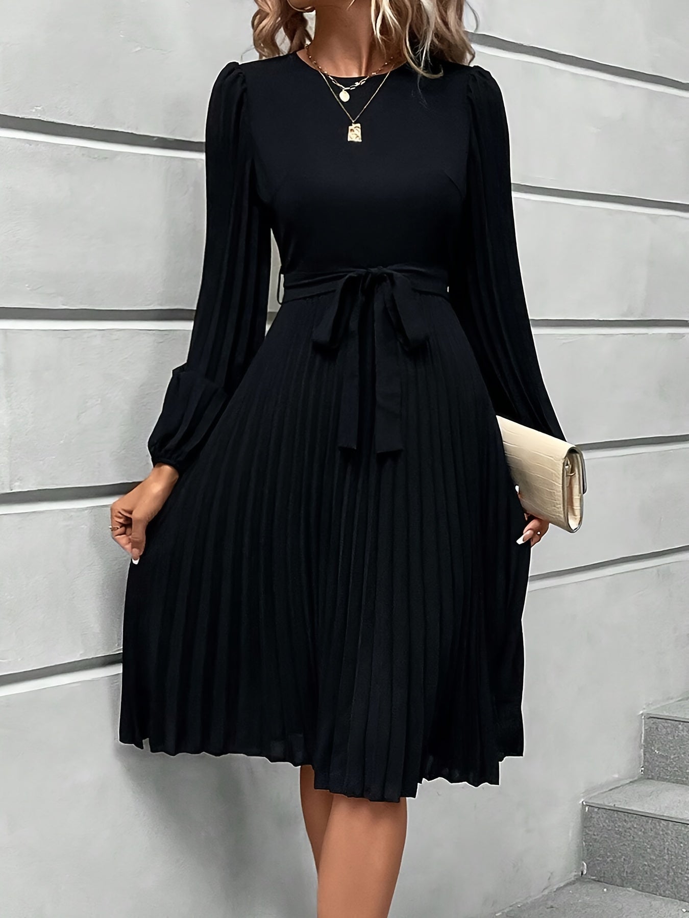 Solid Pleated Belted Aline Dress, Elegant Lantern Sleeve Crew Neck Dress For Spring & Fall, Women's Clothing