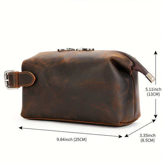 Men's Vintage Style Multi-functional Genuine Leather Handbag, Large Capacity Storage Bag, Bathroom Organizer Shaving Bag, Men's Makeup Bag
