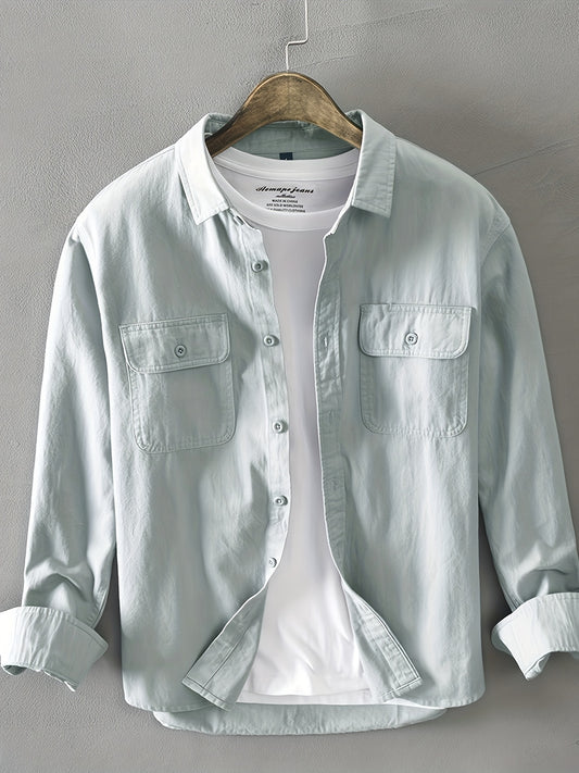 Men's Casual 100% Cotton Button-Down Shirt with Front Pockets - Long Sleeve Solid Color Square Collar Non-Stretch Woven Top for Daily Wear and Weekend Casual, Spring/Fall Collection