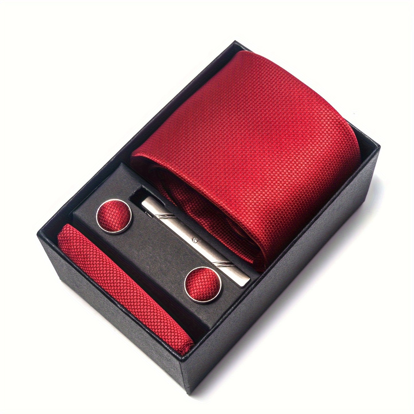 Men's Elegant Tie Set in Burgundy - 7.5cm Woven Polyester Necktie with Matching Pocket Square & Cufflinks, Perfect for Weddings & Formal Occasions - Stylish Gift Box Included, PASSABIN