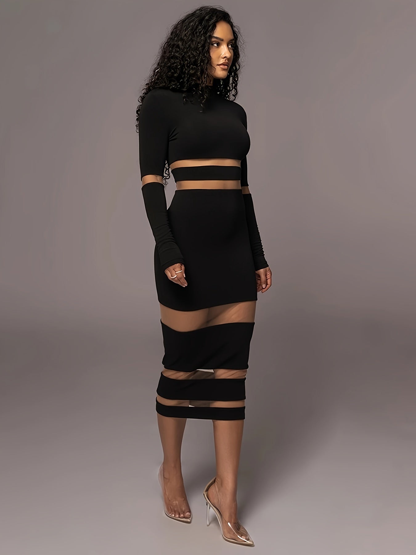 Solid Mesh Splicing Mock Neck Dress, Elegant Long Sleeve Slim Dress For Spring & Fall, Women's Clothing