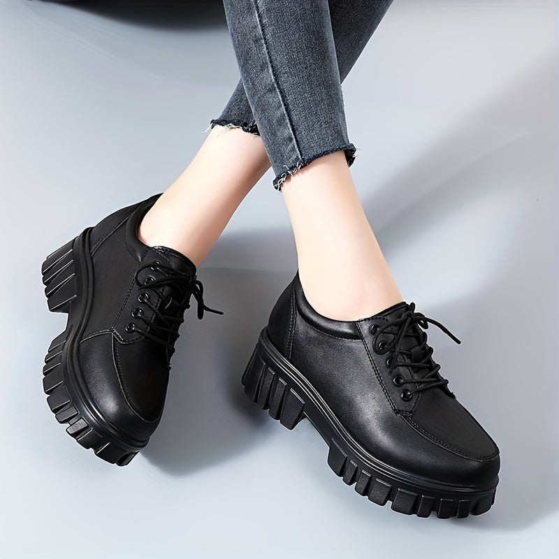 Women's Solid Color Loafers, Fashion Lace Up Platform Shoes, Comfortable Faux Leather Shoes