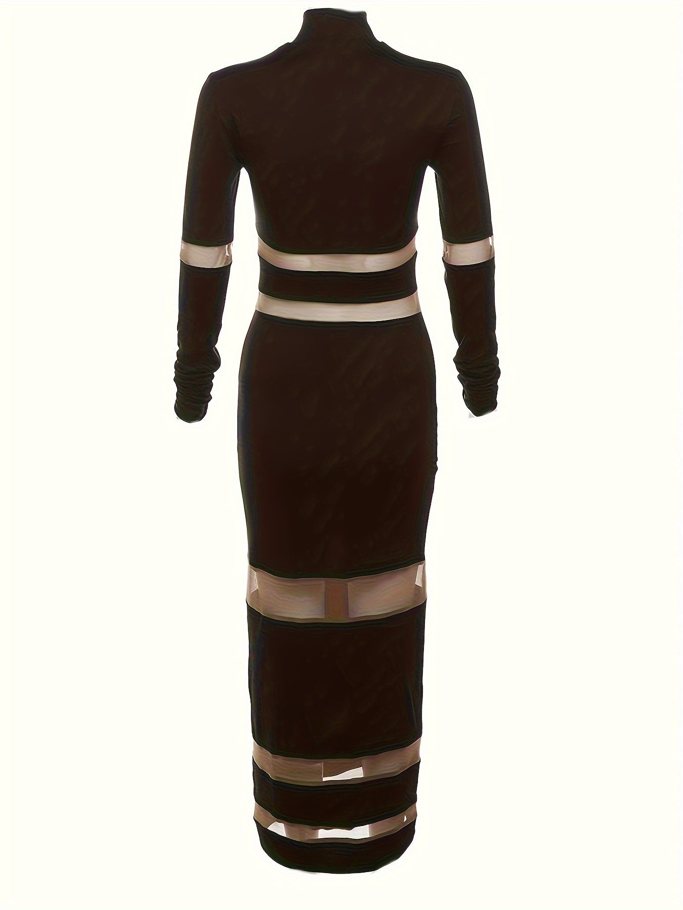 Solid Mesh Splicing Mock Neck Dress, Elegant Long Sleeve Slim Dress For Spring & Fall, Women's Clothing