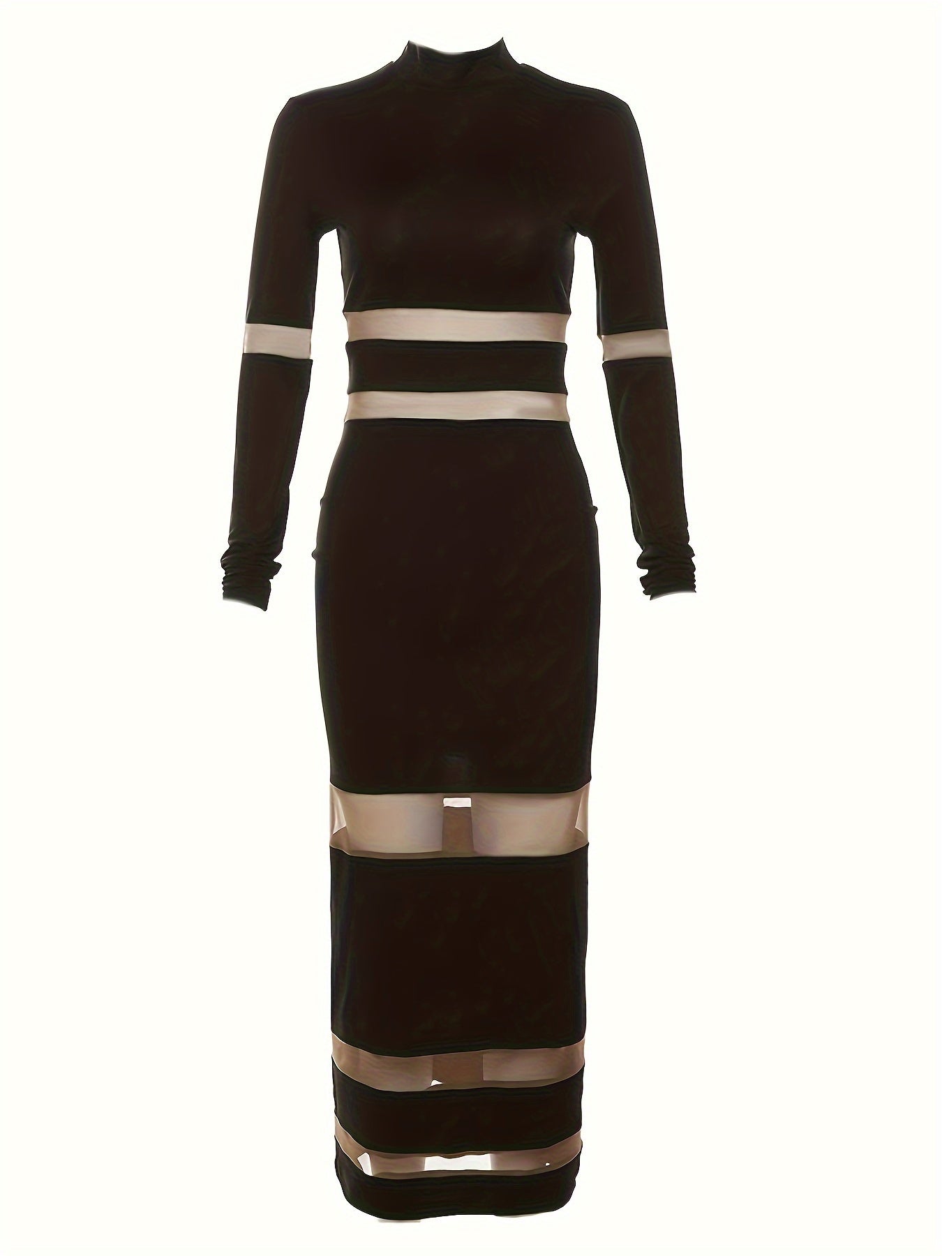 Solid Mesh Splicing Mock Neck Dress, Elegant Long Sleeve Slim Dress For Spring & Fall, Women's Clothing