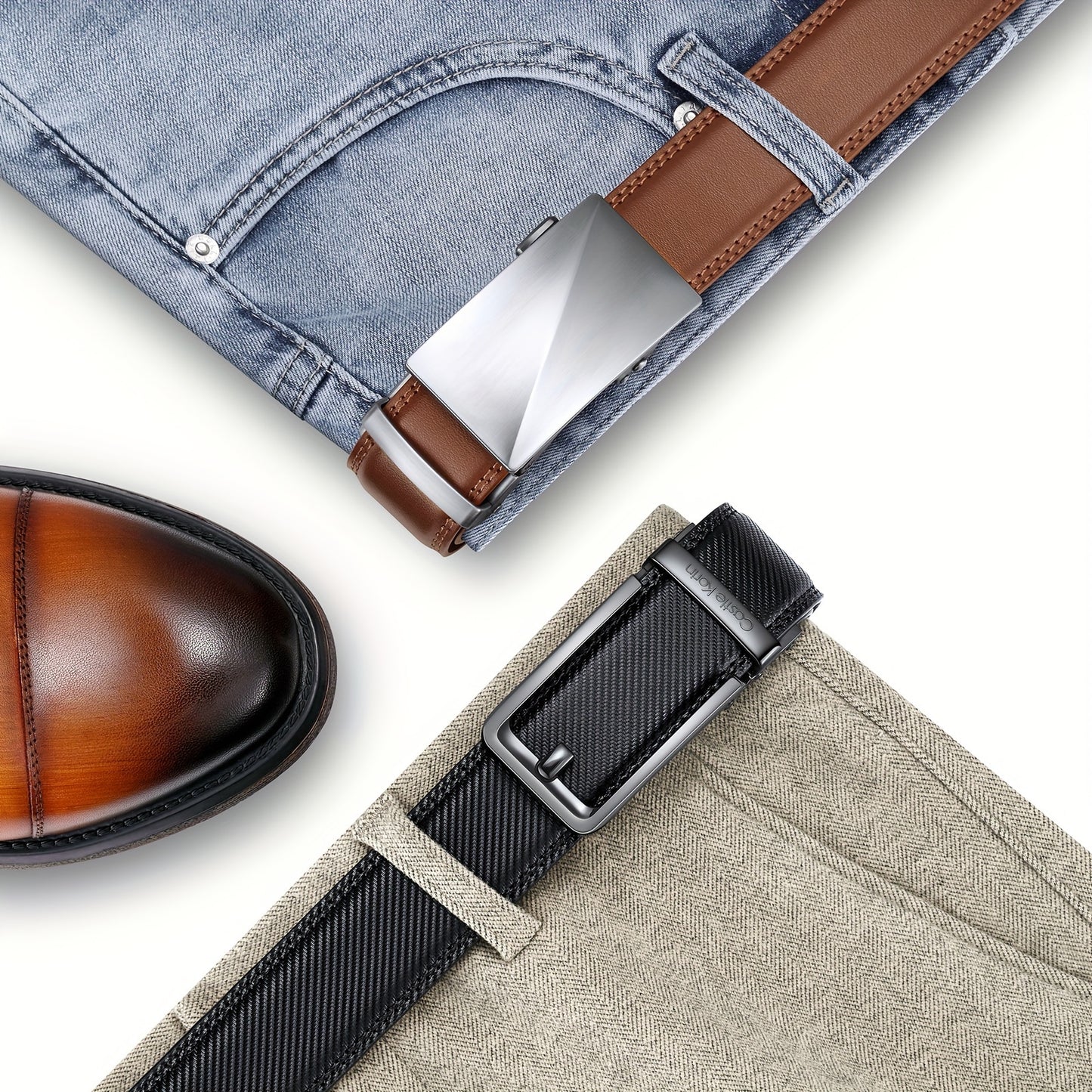 Men's Genuine Leather Belt With Comfortable Adjustable Ratchet Buckle, Perfect For Oxford Formal And Casual Jeans (35mm)