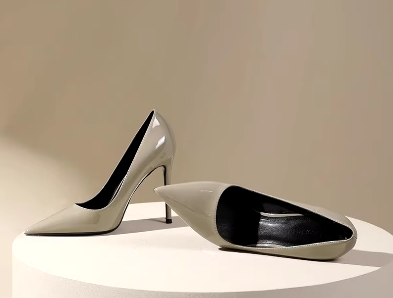 Pointed-toe High Heels Women's New Gray Temperament with Skirt Stiletto Heel Professional Commuting Patent Leather Pumps
