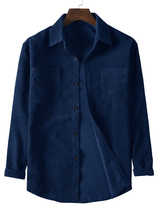Men's Casual Corduroy Shirt with Dual Pockets - Long Sleeve, Solid Color, Button-Up Collar for Spring/Fall Outdoor Activities
