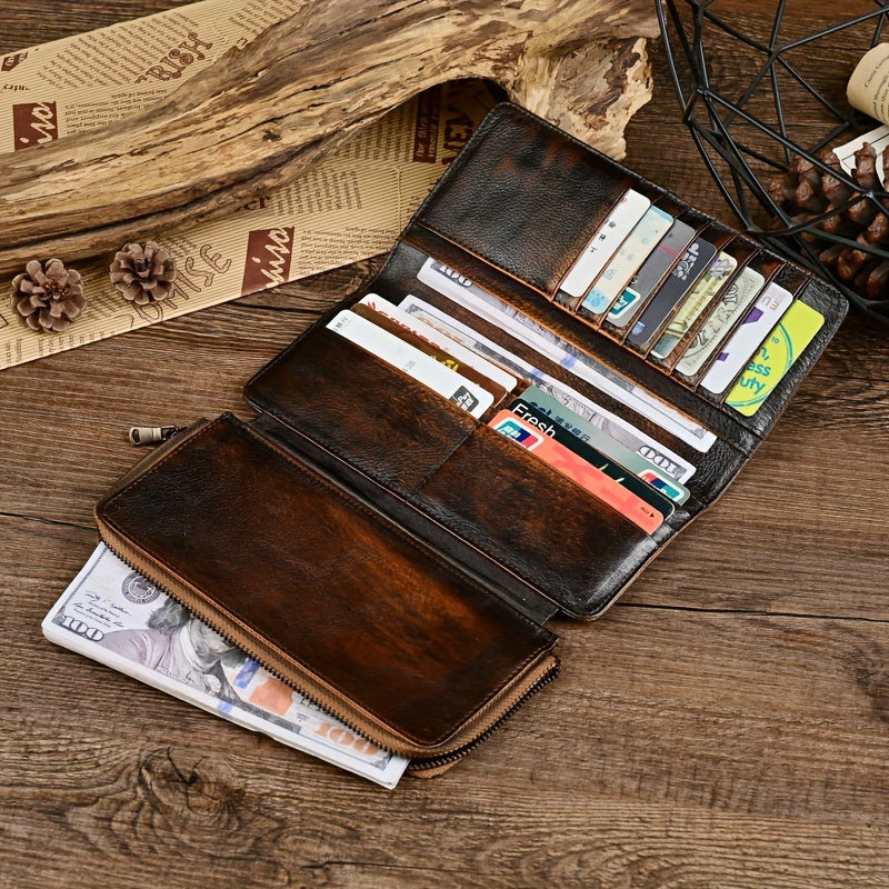 2024 New Vintage Leather Men's Wallet: Distressed Long Wallet with Multiple Card Slots and Snap Button Closure