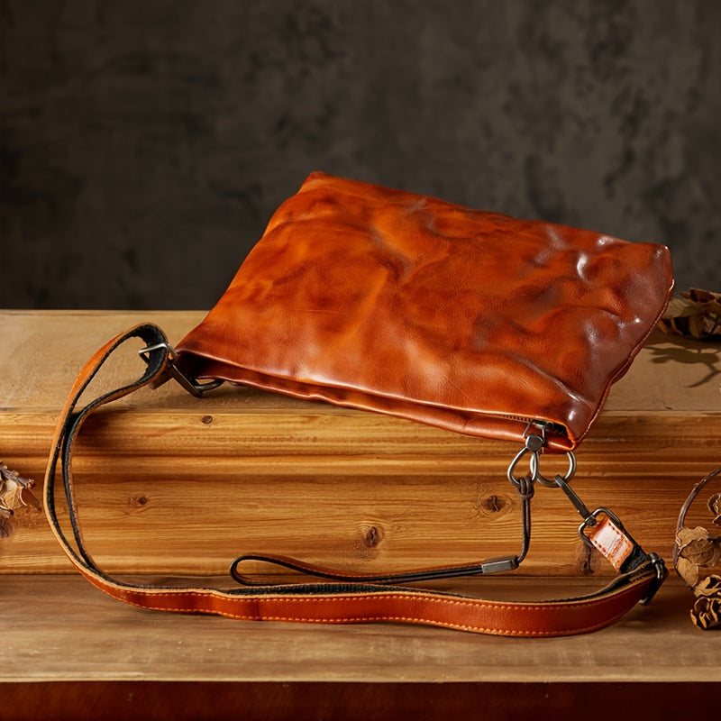 Tanned Pleated Texture Stylish Handbag For Men, Genuine Leather Top Layer Cowhide Business Clutch Bag, Ideal Gifts