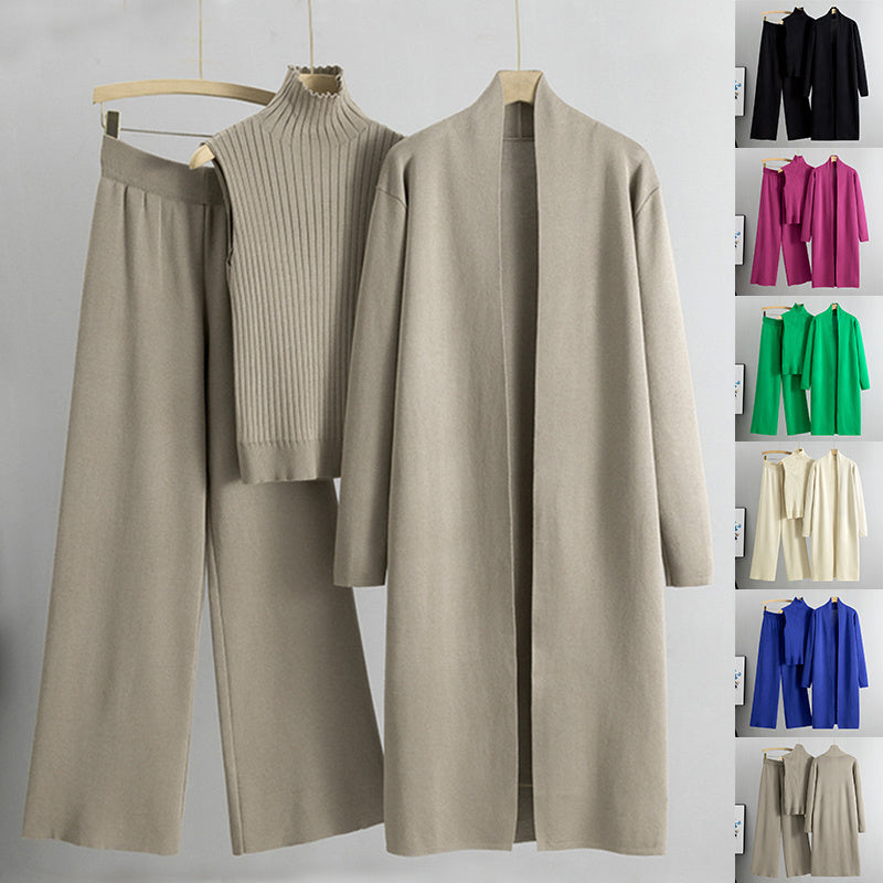 Einfacher Strickanzug Ärmelloser Weste Pullover Strickjacke Hose Dreiteiliges Set