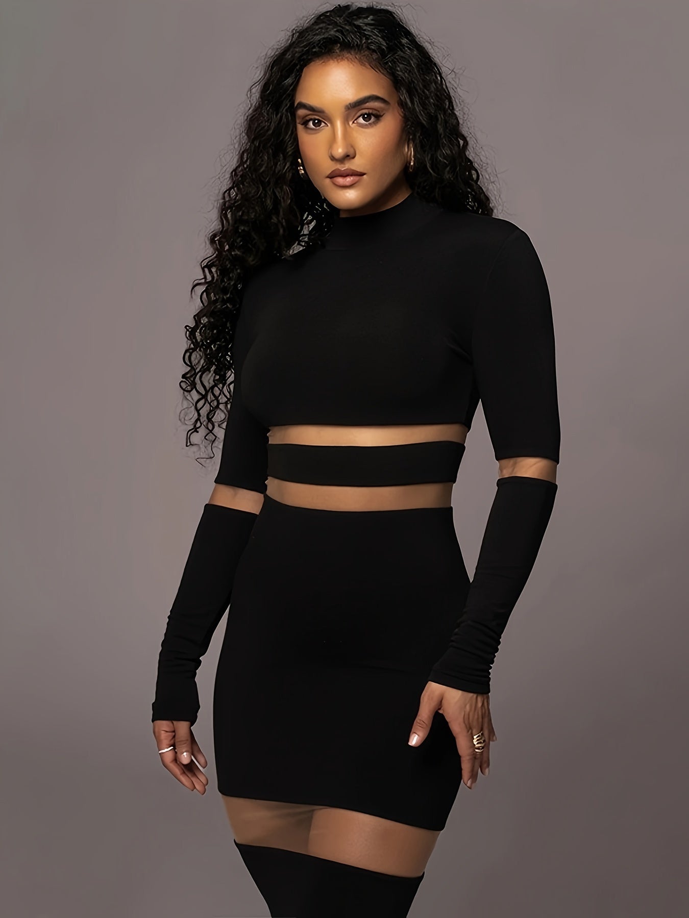 Solid Mesh Splicing Mock Neck Dress, Elegant Long Sleeve Slim Dress For Spring & Fall, Women's Clothing