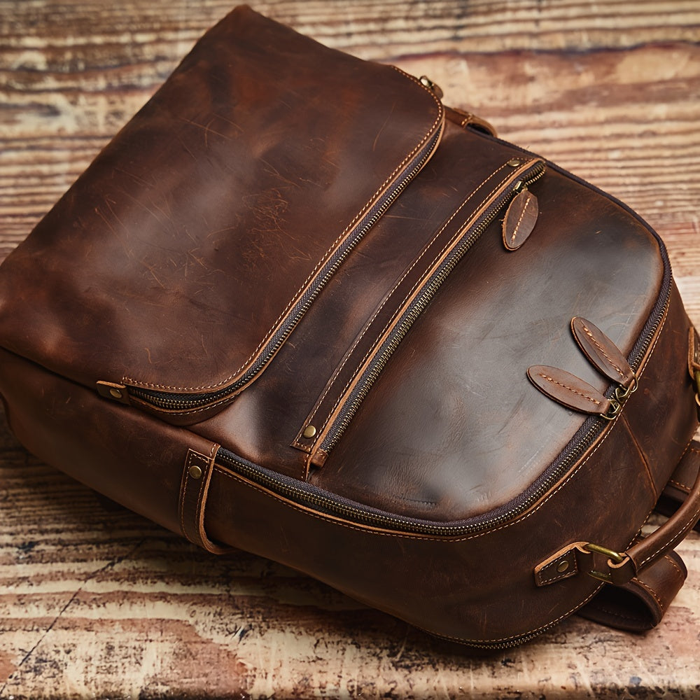 Premium Genuine Leather Men's Backpack - Large Capacity, Dual-Layer Zipper Pockets for Easy Access, Fits 35.56cm Laptop, Water-Resistant & Scratch-Resistant, Perfect for Travel & Work,