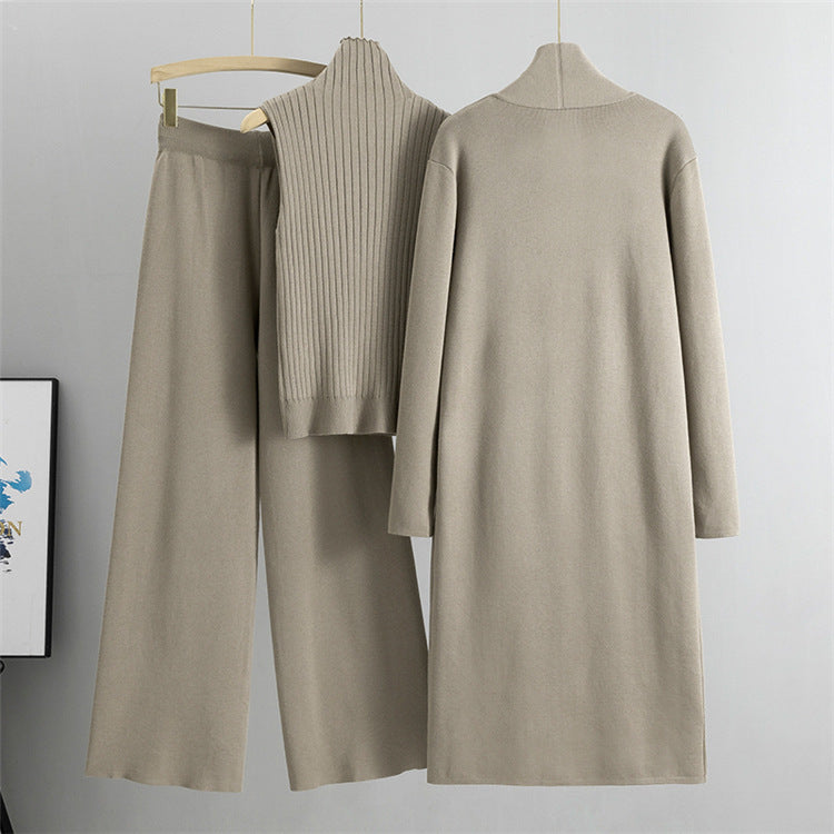 Einfacher Strickanzug Ärmelloser Weste Pullover Strickjacke Hose Dreiteiliges Set