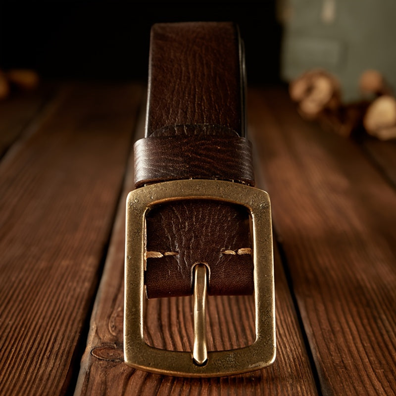 Men's Original Handmade Genuine Leather Belt, Vintage Style, Classic Cowhide, Regular Fit, Solid Brass Buckle, Coffee Brown