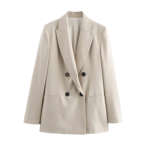 Women's Beige Double-Breasted Blazer Suit with Wide-Leg Trousers Casual High-Waisted Polyester Pant Set for Polished Look