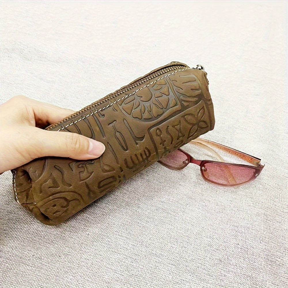 Full Genuine Leather Storage Bag, Pencil Case, Glasses Bag, Crazy Horse Cowhide, Retro Auspicious Oracle Embossed Handbag, Pencil Case, Change Eid Al-Adha Mubarak