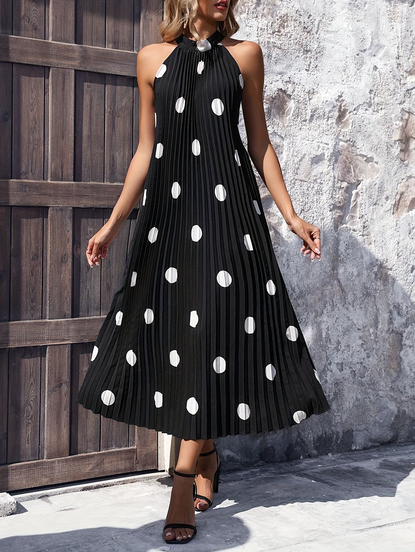 Polka Dot Print Halter Neck Pleated Dress, Elegant Sleeveless Trapeze Dress For Spring & Summer, Women's Clothing
